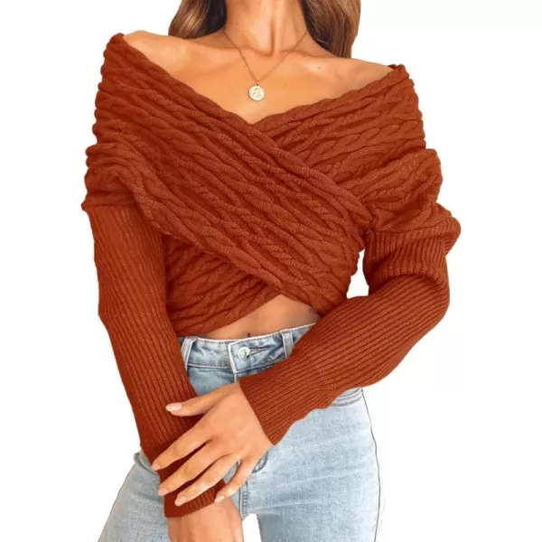 BTFBM Women Casual V Neck Long Sleeve Sweaters Cross Wrap Front Off Shoulder Asymmetric Hem Knitted Crop Solid PulloverTwist Caramel