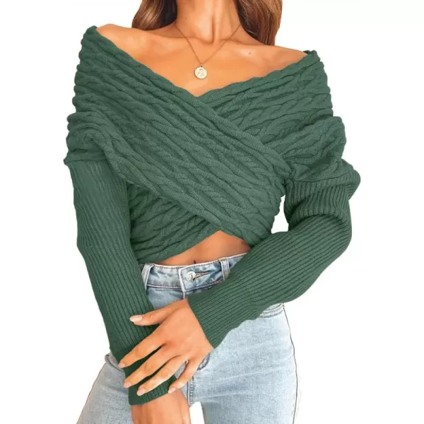 BTFBM Women Casual V Neck Long Sleeve Sweaters Cross Wrap Front Off Shoulder Asymmetric Hem Knitted Crop Solid PulloverTwist Dark Green