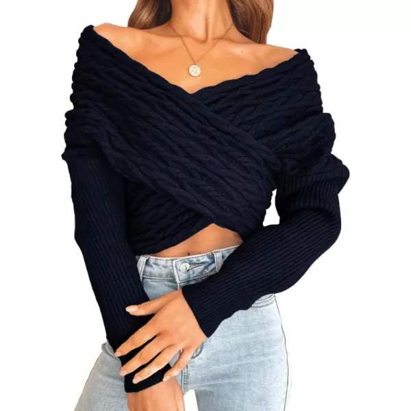 BTFBM Women Casual V Neck Long Sleeve Sweaters Cross Wrap Front Off Shoulder Asymmetric Hem Knitted Crop Solid PulloverTwist Navy