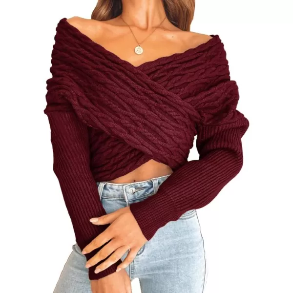 BTFBM Women Casual V Neck Long Sleeve Sweaters Cross Wrap Front Off Shoulder Asymmetric Hem Knitted Crop Solid PulloverTwist Wine Red