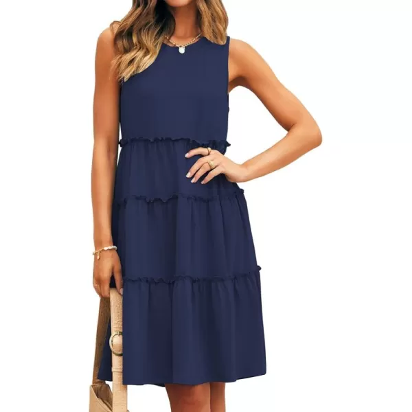 BTFBM Women Sleeveless Summer Dress 2024 Crewneck Ribbed Knit Ruffle Swing Button Down Beach Sun Mini Tank Short DressesTiered Navy