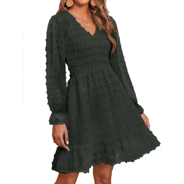 BTFBM Women V Neck Smocked Short Dress Long Sleeve Flowy Casual Swiss Dot Ruffle Chiffon Mini Summer Fall Dresses 2024Solid Army Green