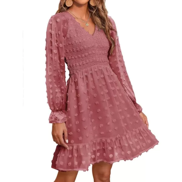 BTFBM Women V Neck Smocked Short Dress Long Sleeve Flowy Casual Swiss Dot Ruffle Chiffon Mini Summer Fall Dresses 2024Solid Bean Paste Red