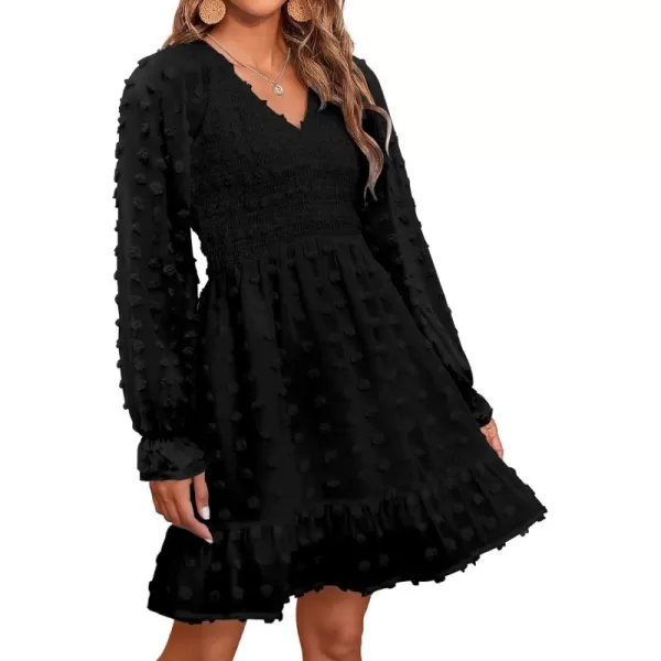 BTFBM Women V Neck Smocked Short Dress Long Sleeve Flowy Casual Swiss Dot Ruffle Chiffon Mini Summer Fall Dresses 2024Solid Black