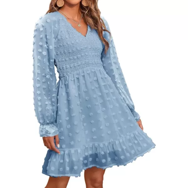 BTFBM Women V Neck Smocked Short Dress Long Sleeve Flowy Casual Swiss Dot Ruffle Chiffon Mini Summer Fall Dresses 2024Solid Blue