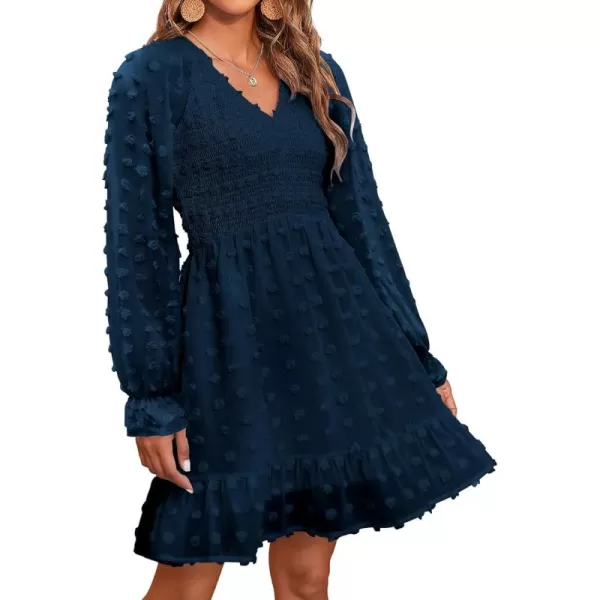 BTFBM Women V Neck Smocked Short Dress Long Sleeve Flowy Casual Swiss Dot Ruffle Chiffon Mini Summer Fall Dresses 2024Solid Dark Blue