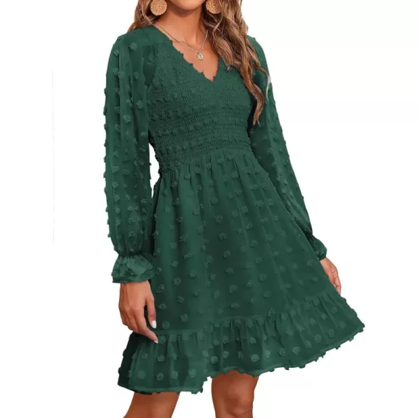 BTFBM Women V Neck Smocked Short Dress Long Sleeve Flowy Casual Swiss Dot Ruffle Chiffon Mini Summer Fall Dresses 2024Solid Dark Green