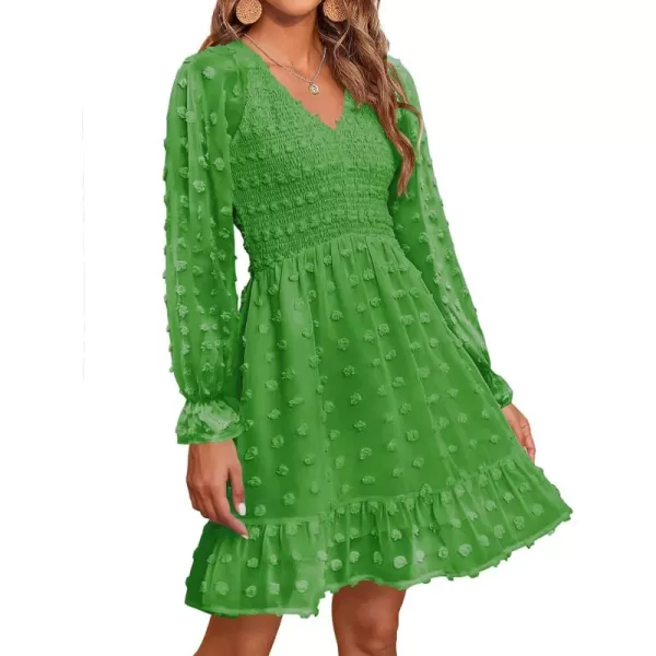 BTFBM Women V Neck Smocked Short Dress Long Sleeve Flowy Casual Swiss Dot Ruffle Chiffon Mini Summer Fall Dresses 2024Solid Green