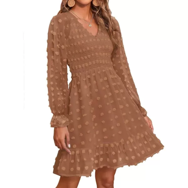 BTFBM Women V Neck Smocked Short Dress Long Sleeve Flowy Casual Swiss Dot Ruffle Chiffon Mini Summer Fall Dresses 2024Solid Khaki