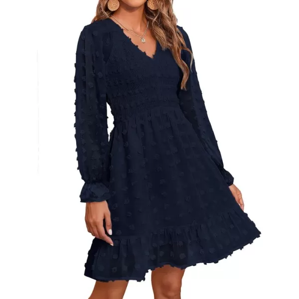 BTFBM Women V Neck Smocked Short Dress Long Sleeve Flowy Casual Swiss Dot Ruffle Chiffon Mini Summer Fall Dresses 2024Solid Navy