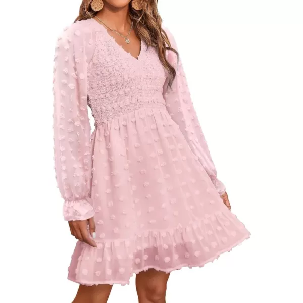 BTFBM Women V Neck Smocked Short Dress Long Sleeve Flowy Casual Swiss Dot Ruffle Chiffon Mini Summer Fall Dresses 2024Solid Pink