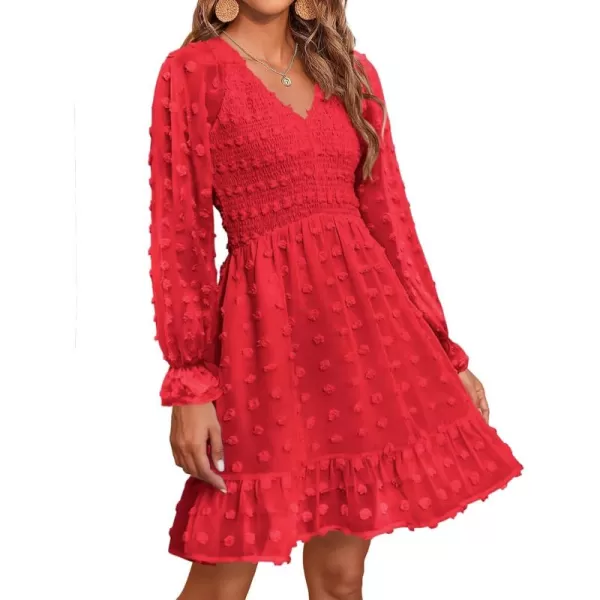 BTFBM Women V Neck Smocked Short Dress Long Sleeve Flowy Casual Swiss Dot Ruffle Chiffon Mini Summer Fall Dresses 2024Solid Red