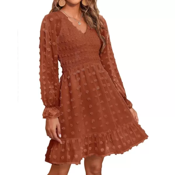 BTFBM Women V Neck Smocked Short Dress Long Sleeve Flowy Casual Swiss Dot Ruffle Chiffon Mini Summer Fall Dresses 2024Solid Red Brown