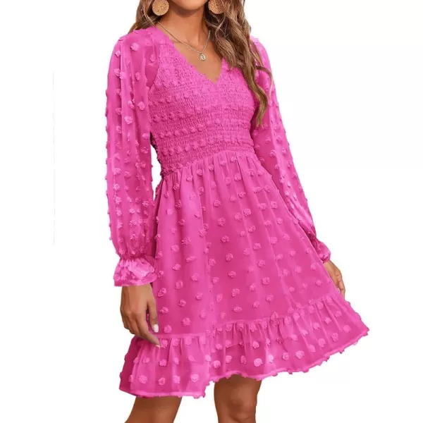 BTFBM Women V Neck Smocked Short Dress Long Sleeve Flowy Casual Swiss Dot Ruffle Chiffon Mini Summer Fall Dresses 2024Solid Rose Red