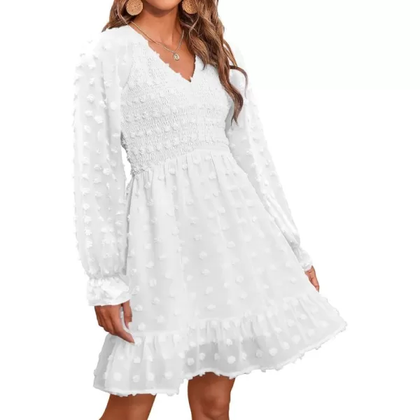 BTFBM Women V Neck Smocked Short Dress Long Sleeve Flowy Casual Swiss Dot Ruffle Chiffon Mini Summer Fall Dresses 2024Solid White