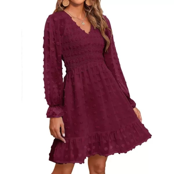 BTFBM Women V Neck Smocked Short Dress Long Sleeve Flowy Casual Swiss Dot Ruffle Chiffon Mini Summer Fall Dresses 2024Solid Wine Red