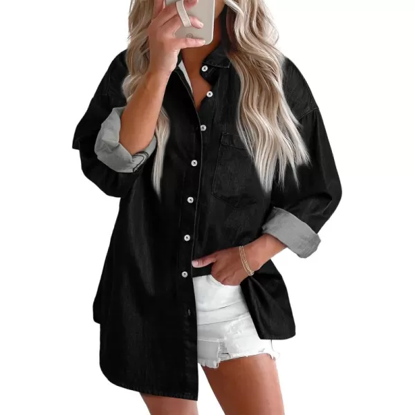 BTFBM Womens Button Down Denim Shirts Fall Lapel V Neck Lightweight Oversized Long Sleeve Thin Casual Blouse Tops PocketSolid Black
