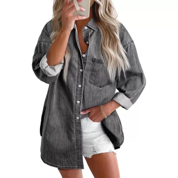BTFBM Womens Button Down Denim Shirts Fall Lapel V Neck Lightweight Oversized Long Sleeve Thin Casual Blouse Tops PocketSolid Grey