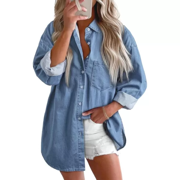 BTFBM Womens Button Down Denim Shirts Fall Lapel V Neck Lightweight Oversized Long Sleeve Thin Casual Blouse Tops PocketSolid Light Blue