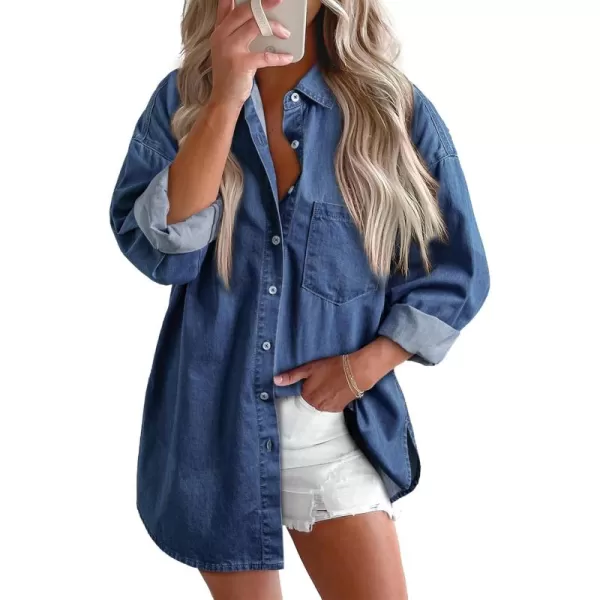 BTFBM Womens Button Down Denim Shirts Fall Lapel V Neck Lightweight Oversized Long Sleeve Thin Casual Blouse Tops PocketSolid Navy