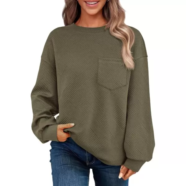 BTFBM Womens Casual Textured Sweatshirts 2024 Fall Winter Long Sleeve Drop Shoulder Crew Neck Pullover Tops with PocketArmy Green