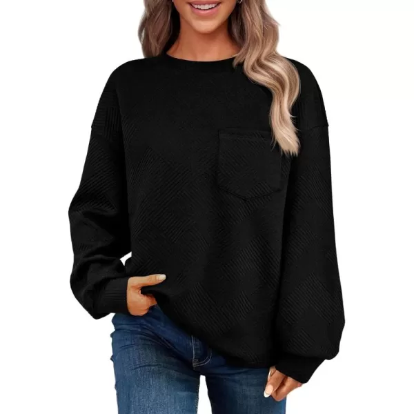 BTFBM Womens Casual Textured Sweatshirts 2024 Fall Winter Long Sleeve Drop Shoulder Crew Neck Pullover Tops with PocketBlack