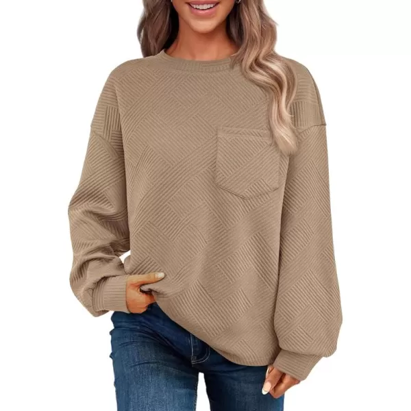 BTFBM Womens Casual Textured Sweatshirts 2024 Fall Winter Long Sleeve Drop Shoulder Crew Neck Pullover Tops with PocketKhaki