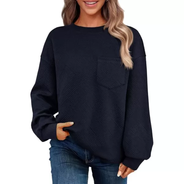 BTFBM Womens Casual Textured Sweatshirts 2024 Fall Winter Long Sleeve Drop Shoulder Crew Neck Pullover Tops with PocketNavy