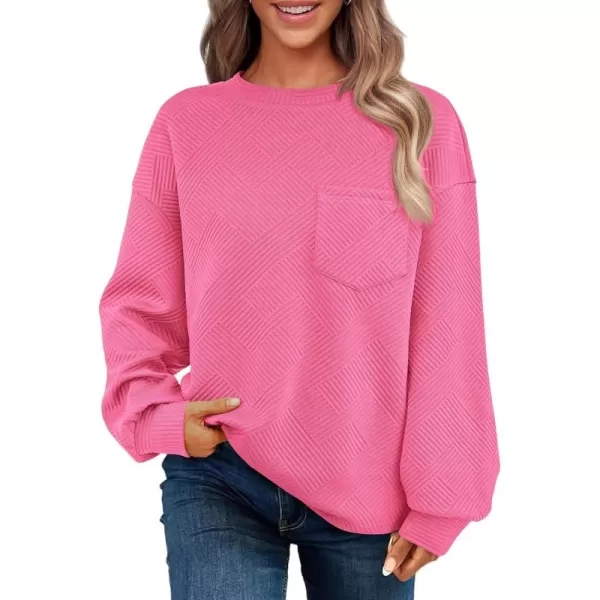 BTFBM Womens Casual Textured Sweatshirts 2024 Fall Winter Long Sleeve Drop Shoulder Crew Neck Pullover Tops with PocketRose Red