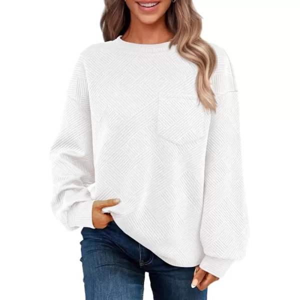 BTFBM Womens Casual Textured Sweatshirts 2024 Fall Winter Long Sleeve Drop Shoulder Crew Neck Pullover Tops with PocketWhite