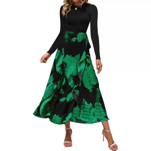 BTFBM Womens Fall Fashion 2024 Floral Maxi Dress Casual Crewneck Long Sleeve Ruffle Flowy Cocktail Wedding Guest DressesBig Floral Green
