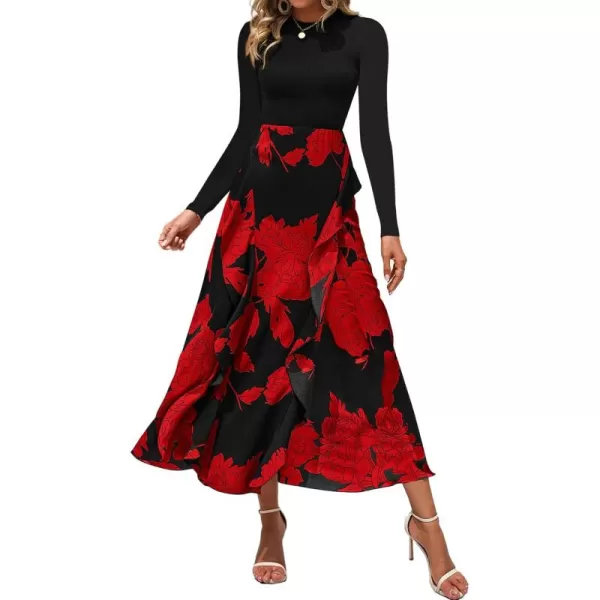BTFBM Womens Fall Fashion 2024 Floral Maxi Dress Casual Crewneck Long Sleeve Ruffle Flowy Cocktail Wedding Guest DressesBig Floral Red