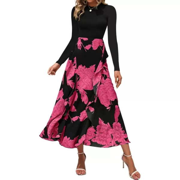 BTFBM Womens Fall Fashion 2024 Floral Maxi Dress Casual Crewneck Long Sleeve Ruffle Flowy Cocktail Wedding Guest DressesBig Floral Rose Red