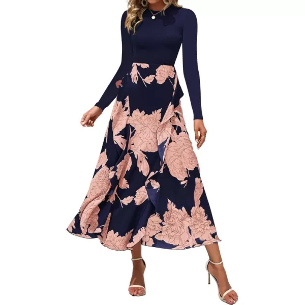 BTFBM Womens Fall Fashion 2024 Floral Maxi Dress Casual Crewneck Long Sleeve Ruffle Flowy Cocktail Wedding Guest DressesPink Floral Navy