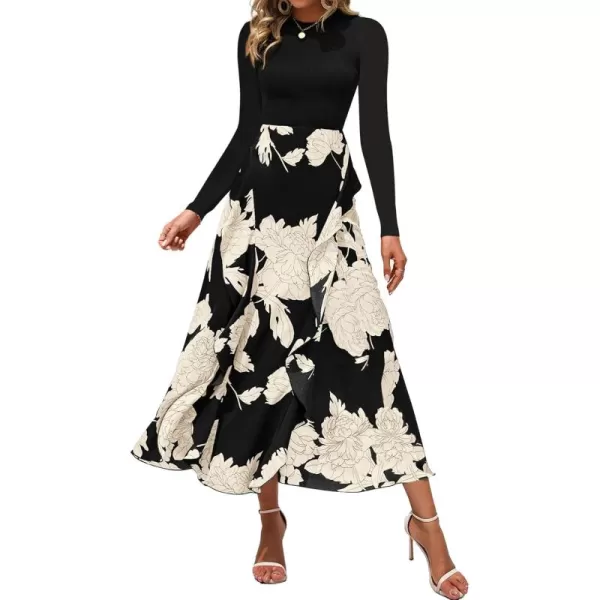 BTFBM Womens Fall Fashion 2024 Floral Maxi Dress Casual Crewneck Long Sleeve Ruffle Flowy Cocktail Wedding Guest DressesWhite Floral Black