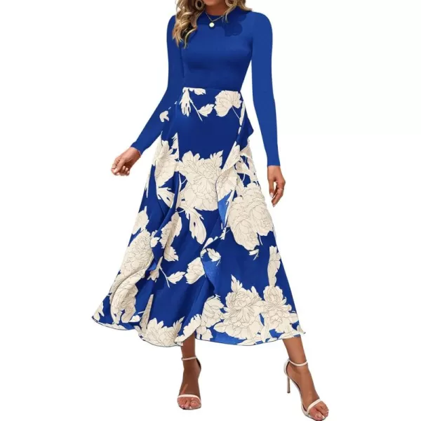 BTFBM Womens Fall Fashion 2024 Floral Maxi Dress Casual Crewneck Long Sleeve Ruffle Flowy Cocktail Wedding Guest DressesWhite Floral Bright Blue