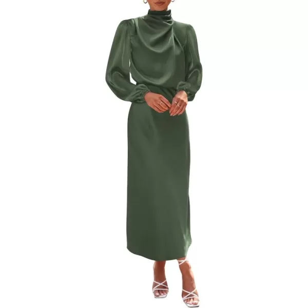 BTFBM Womens Mock Neck Satin Dress Elegant Long Sleeve Elastic High Waist Formal Wedding Cocktail Party Maxi DressesSolid Army Green