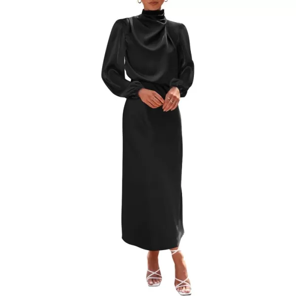 BTFBM Womens Mock Neck Satin Dress Elegant Long Sleeve Elastic High Waist Formal Wedding Cocktail Party Maxi DressesSolid Black