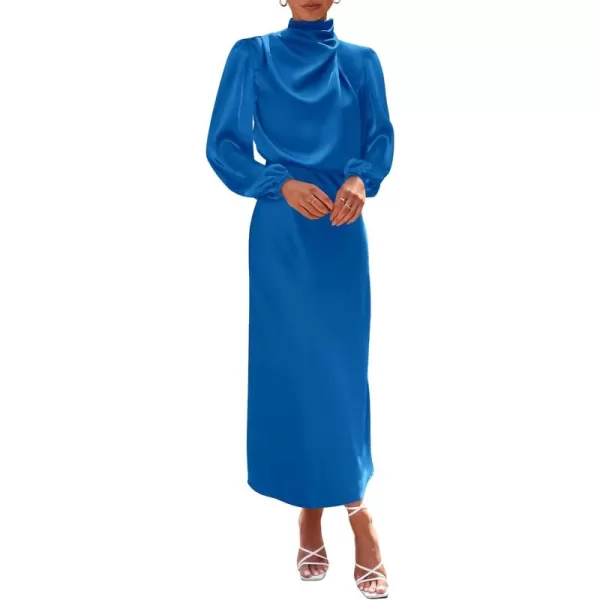 BTFBM Womens Mock Neck Satin Dress Elegant Long Sleeve Elastic High Waist Formal Wedding Cocktail Party Maxi DressesSolid Brilliant Blue