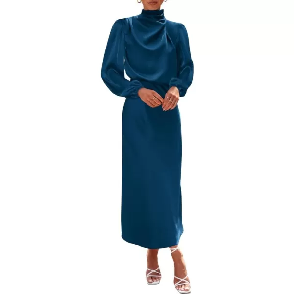 BTFBM Womens Mock Neck Satin Dress Elegant Long Sleeve Elastic High Waist Formal Wedding Cocktail Party Maxi DressesSolid Dark Blue
