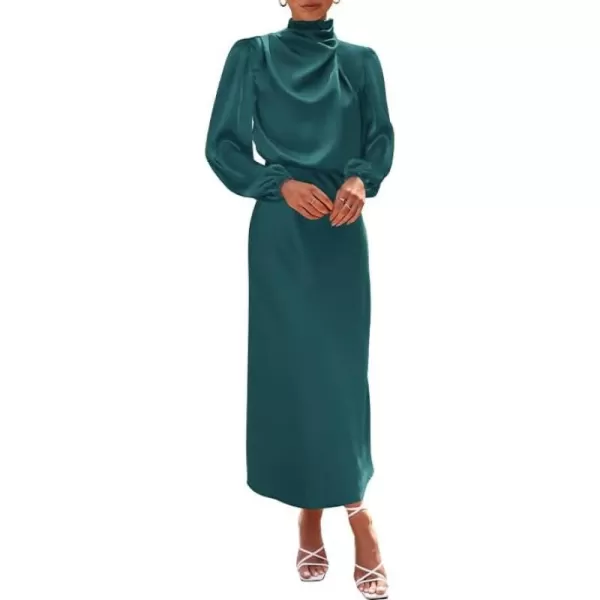 BTFBM Womens Mock Neck Satin Dress Elegant Long Sleeve Elastic High Waist Formal Wedding Cocktail Party Maxi DressesSolid Dark Green