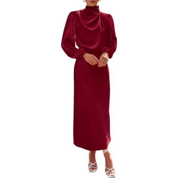 BTFBM Womens Mock Neck Satin Dress Elegant Long Sleeve Elastic High Waist Formal Wedding Cocktail Party Maxi DressesSolid Deep Red
