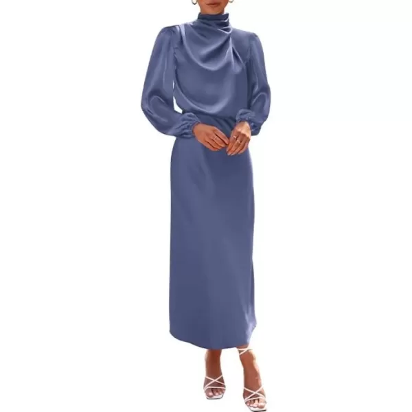 BTFBM Womens Mock Neck Satin Dress Elegant Long Sleeve Elastic High Waist Formal Wedding Cocktail Party Maxi DressesSolid Grey Blue
