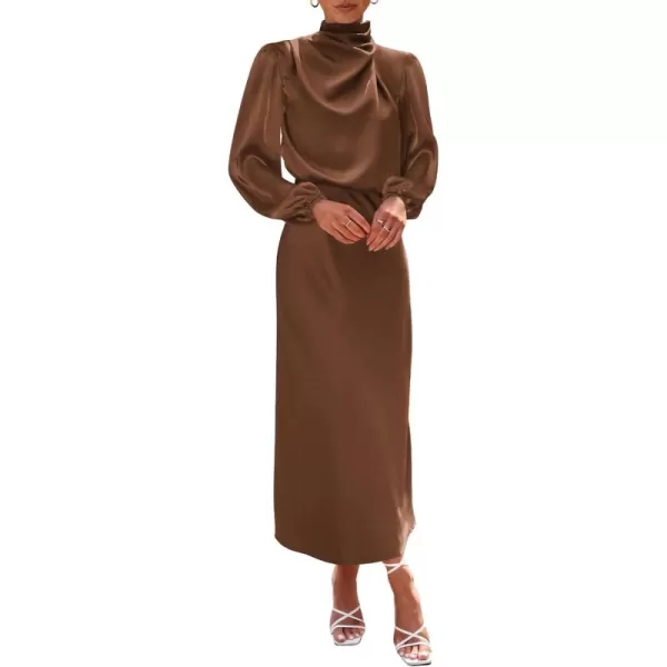 BTFBM Womens Mock Neck Satin Dress Elegant Long Sleeve Elastic High Waist Formal Wedding Cocktail Party Maxi DressesSolid Khaki