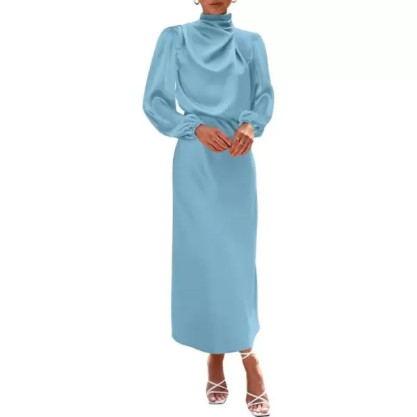 BTFBM Womens Mock Neck Satin Dress Elegant Long Sleeve Elastic High Waist Formal Wedding Cocktail Party Maxi DressesSolid Light Blue