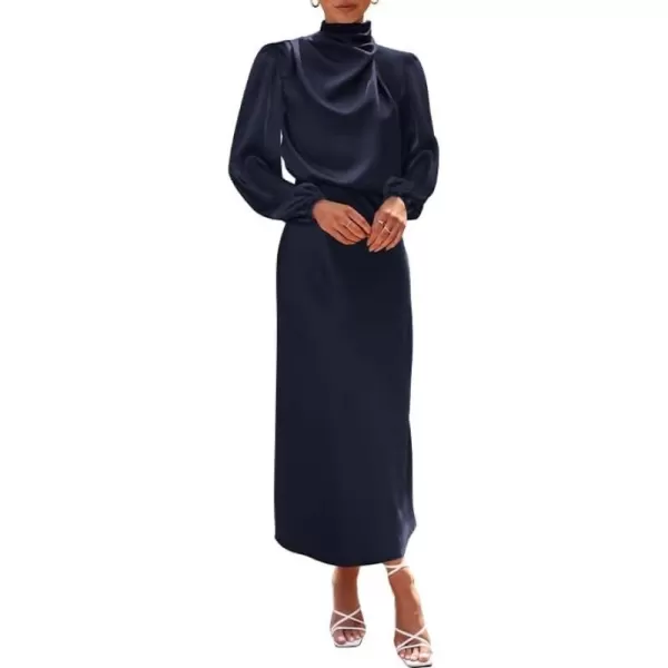 BTFBM Womens Mock Neck Satin Dress Elegant Long Sleeve Elastic High Waist Formal Wedding Cocktail Party Maxi DressesSolid Navy