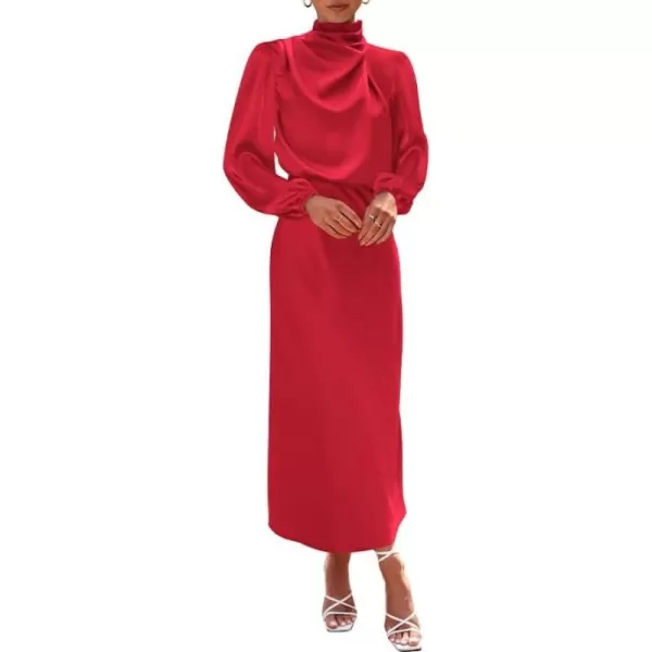 BTFBM Womens Mock Neck Satin Dress Elegant Long Sleeve Elastic High Waist Formal Wedding Cocktail Party Maxi DressesSolid Red