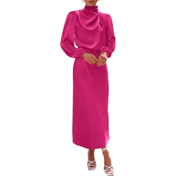 BTFBM Womens Mock Neck Satin Dress Elegant Long Sleeve Elastic High Waist Formal Wedding Cocktail Party Maxi DressesSolid Rose Red