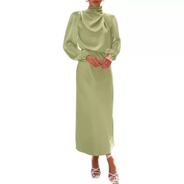 BTFBM Womens Mock Neck Satin Dress Elegant Long Sleeve Elastic High Waist Formal Wedding Cocktail Party Maxi DressesSolid Tender Green