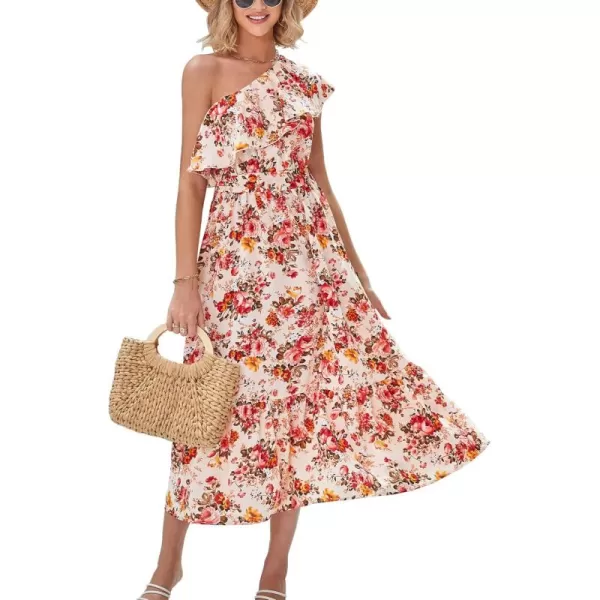 BTFBM Womens One Shoulder Maxi Dress Sleeveless Casual Summer Layered Ruffle Boho Floral Print Party Beach ALine DressesFloral Apricot Red